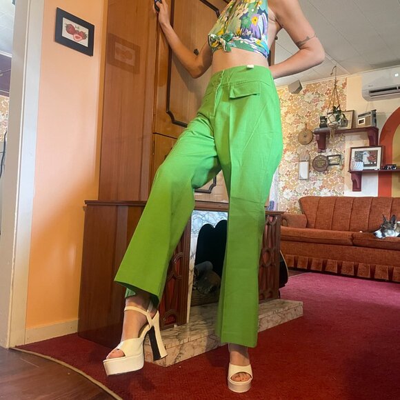 DEADSTOCK 1970s vintage green pleated fake pocket double button flare pants! - Picture 10 of 15